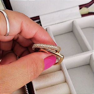 Kit Anel Aparador Quadrado Liso e Cravejado Com Zircônias com Banho em Ouro 18K