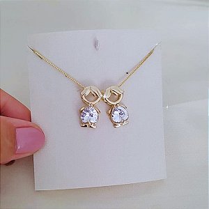 Colar Dois Meninos com zircônia Cristal Banho em Ouro 18K
