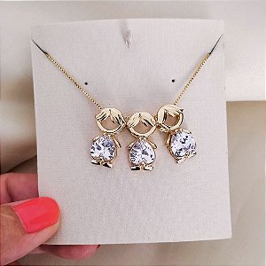 Colar Três meninos Com zircônia Cristal Banho em Ouro 18K