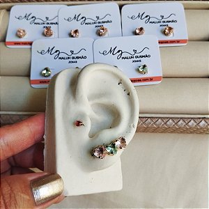 Trio de Brincos Coração Com Zircônias  Rosa e Azul Bebê Com Banho em Ouro 18K