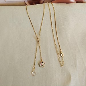 Colar Gravatinha com Pata Cravejada Com zircônias Coloridas e Gota Cristal Banho em Ouro 18K