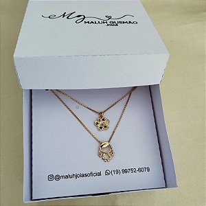 Colar Filho (a) + Colar Pet Com Zircônias Coloridas  Banho a Ouro 18K