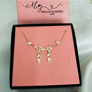 Colar Vovó Personalizado 02 Netos (as) + Brinco Coração Liso Banho em Ouro 18K