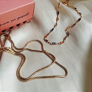 Kit Natália Choker Com Zircônias Coloridas + Colar Longo Banho em Ouro 18K