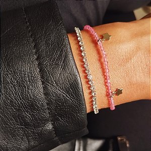 Kit Bianca Pulseira Cristais Rosa + Pulseira Riviera Banho em Ródio Branco