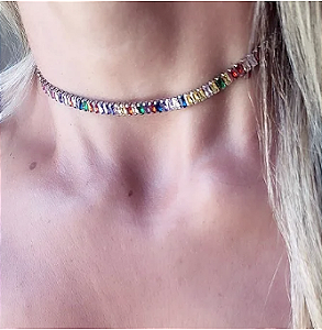 Choker Riviera com Zircônias Coloridas Banho em Ródio Branco