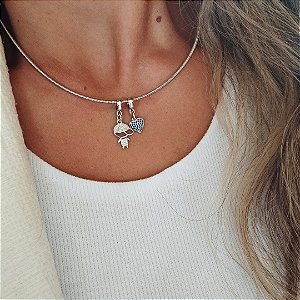 Colar Aro Amor Meu Com Pingente de Menino e Coração Banho em Ródio Branco