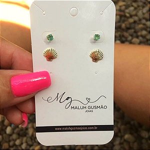 Kit Brincos Conchinhas Com Zircônia Verde Banhado em Ouro 18K