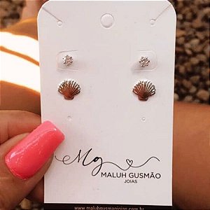Kit Brincos Conchinhas Com Zircônia Cristal Banhado em Ródio Branco