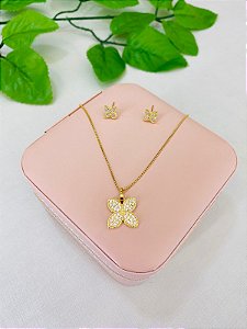 Conjunto Colar e Brinco Borboleta Com Pedrinhas Dourado