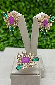 Conjunto Anel e Brinco Flor Cravejada Pedra Verde e Rosa