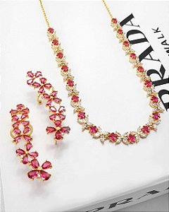 Colar Flor Cristal Pedras Rosas