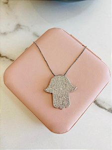 Colar Mão De Hamsá Prata Cravejado