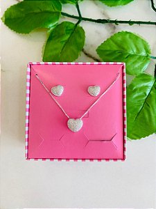 Conjunto Coração Cravejado Prata 925