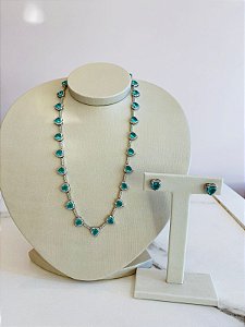 Conjunto Coração Verde Ródio Branco