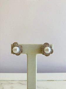 Brinco Flor Perola Cravejado Prata