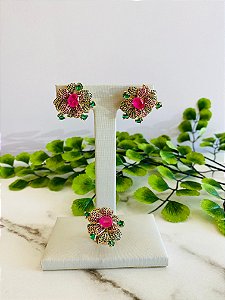 Conjunto Flor Verde E Rosa