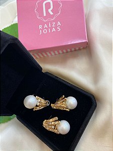 Conjunto anel e brinco bola de pérola