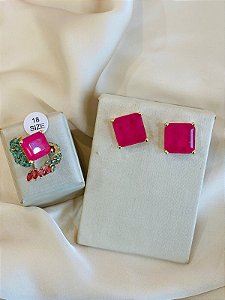 Conjunto Anel e Brinco Quadrado pink/verde