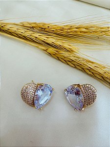 Brinco Coração Meio Pedra Cravejado - Dourado