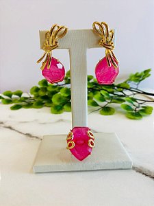 Conjunto Anel e Brinco Laço Com Pedra Rosa