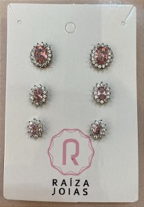 trio oval rosa cravejado rodio