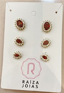 TRIO OVAL GARNET CRAVEJADA DOURADO