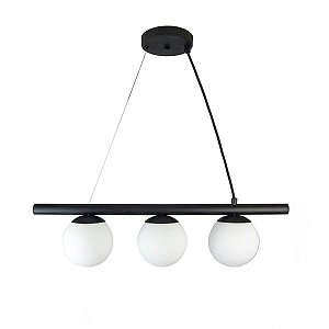 Lustre Pendente Figo PRETO - 3 Globos Esfera de Vidro Branco