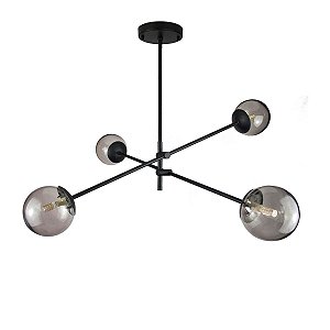 Lustre Lirio Preto com 4 Globos Esfera de Vidro Fume PRETO