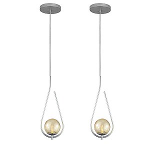 Kit 2 Pendentes Lustres On Drop PRATA globo de vidro AMBAR