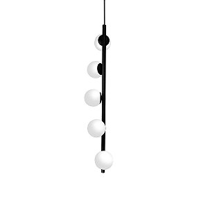 Lustre Vertical Figo PRETO - 5  Globos Esfera de Vidro Branco
