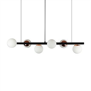 Lustre Pendente Figo PRETO COBRE - 6 Globos Esfera de Vidro Branco