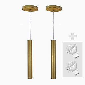 Kit 2 Pendente Tubo Palito 30cm - Ouro + Lampada LED 4W