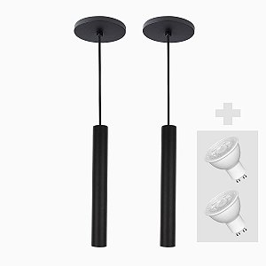 Kit 2 Pendente Tubo Palito 30cm - Preto + Lampada LED 4W