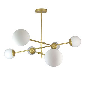 Lustre Lirio com 6 Globos Esfera de Vidro Branco - Ouro