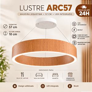 Lustre Madeira Luxo Grande Redondo 57cm - ARC57 - JEQUETIBA - LED Branco Frio