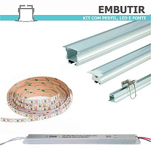 Kit Perfil EMBUTIR 1 m + Fita LED + Fonte