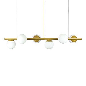 Lustre Pendente Figo OURO - 6 Globos Esfera de Vidro Branco