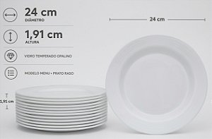 Prato Vidro Branco Menu Raso 24cm