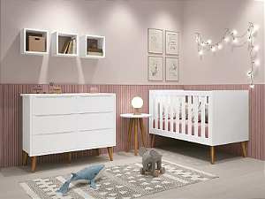 Berço Noah e Cômoda 6 Gavetas Pés Retrô Madeira Reller