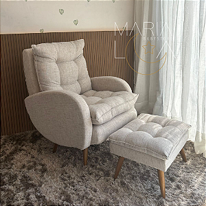 Poltrona Amamentação com pés fixo palito e Puff Confort tecido Linho/Veludo