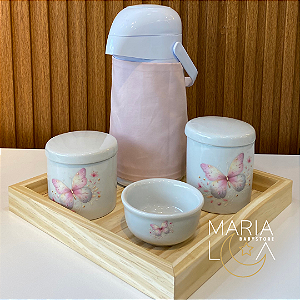 Kit Higiene Bebê Borboletas com Garrafa Térmica – Bandeja de Madeira