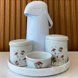 Kit Higiene Bebê Cogumelos com Garrafa Térmica – Bandeja Redonda de Porcelana
