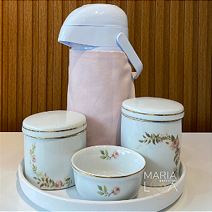 Kit Higiene Bebê Rosas Vintage com Garrafa Térmica – Bandeja Redonda de Porcelana
