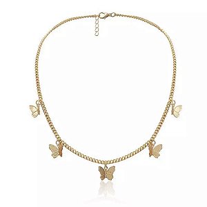 COLAR CHOKER CORRENTE COM PINGENTES DE BORBOLETA DOURADO