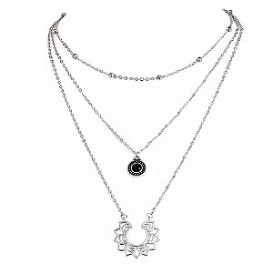 COLAR CHOKER 3 FIOS EM UM COM PINGENTE PONTO ONIX E MANDALA