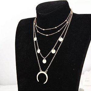 COLAR CHOKER EM CAMADAS PINGENTE LUA COM MEDALHAS E BOLINHAS DOURADO