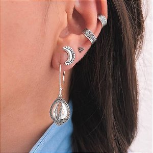 BRINCO MEIA LUA CRESCENTE PONTILHADO BOHO AÇO INOX