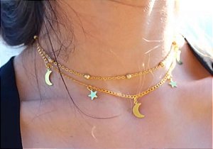 CHOKER DUPLO ESTRELA E LUA DOURADO