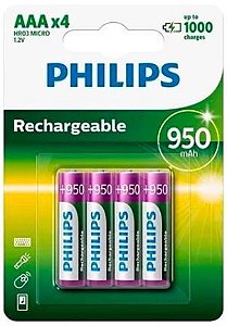 4 Pilhas Recarregável Philips AAA 1000mah Hr03 Micro 1,2v